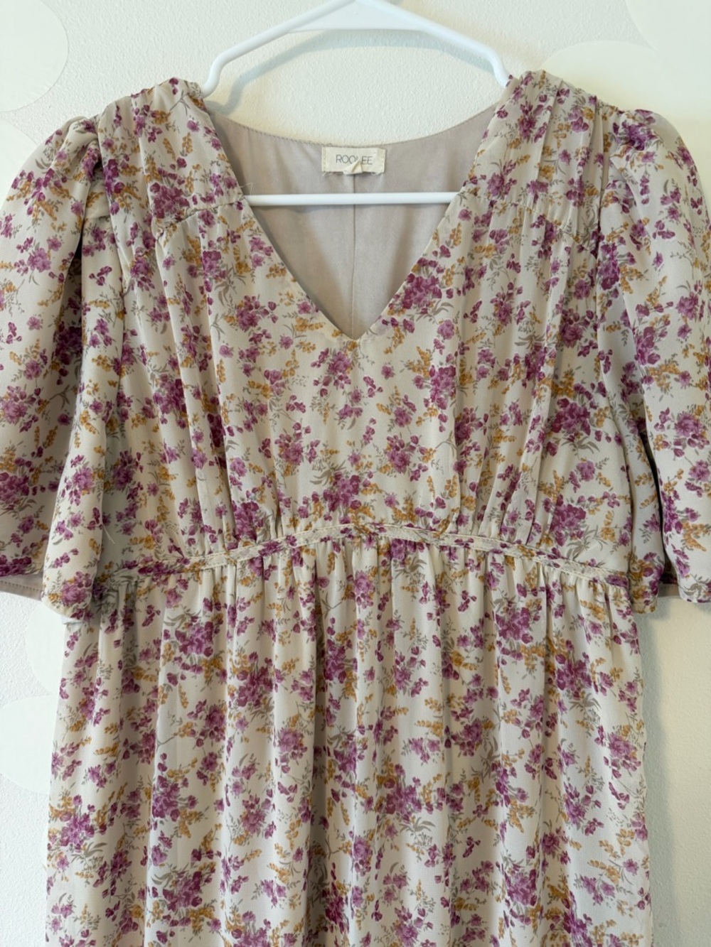 EUC Roolee Cream Midi Flutter Sleeve Tiered Dress with Pink Floral Print - Picture 6 of 14